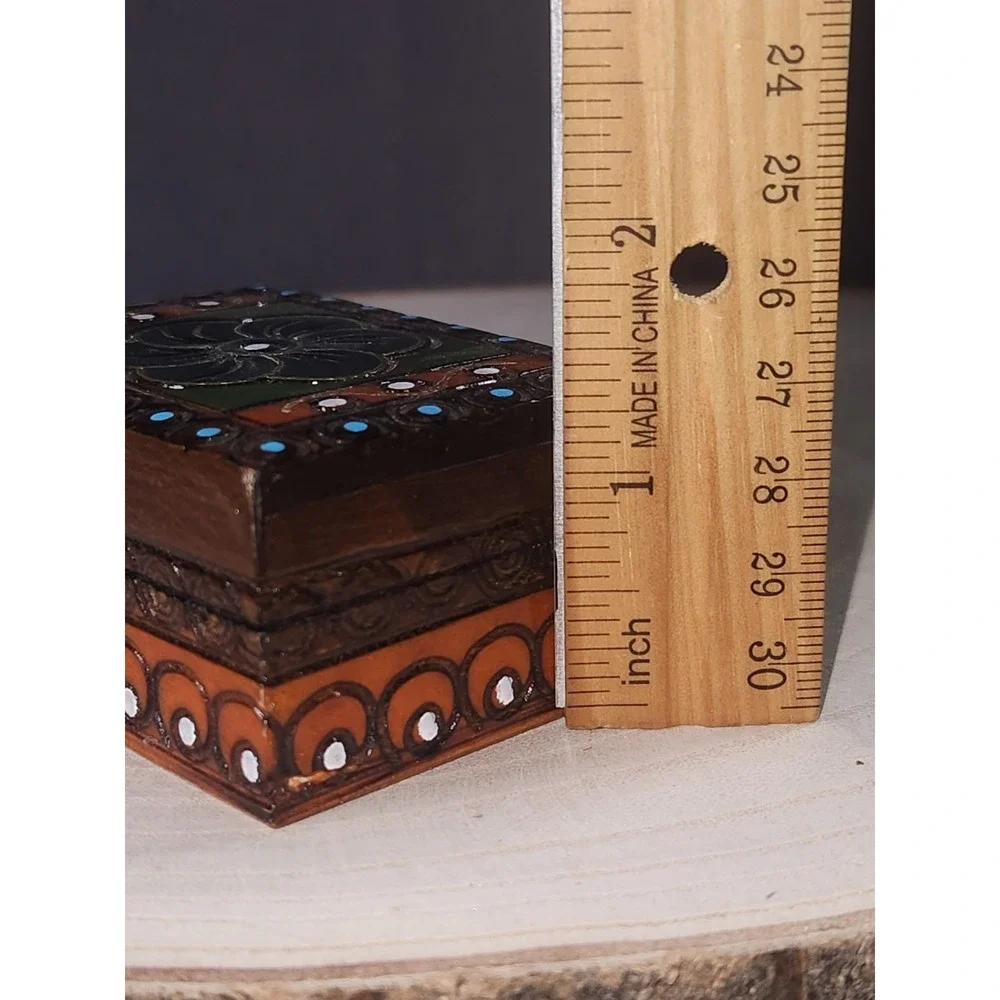 Polish Hand Made Painted/Carved~Burnt Details- Wooden Trinket Box Blue Flower